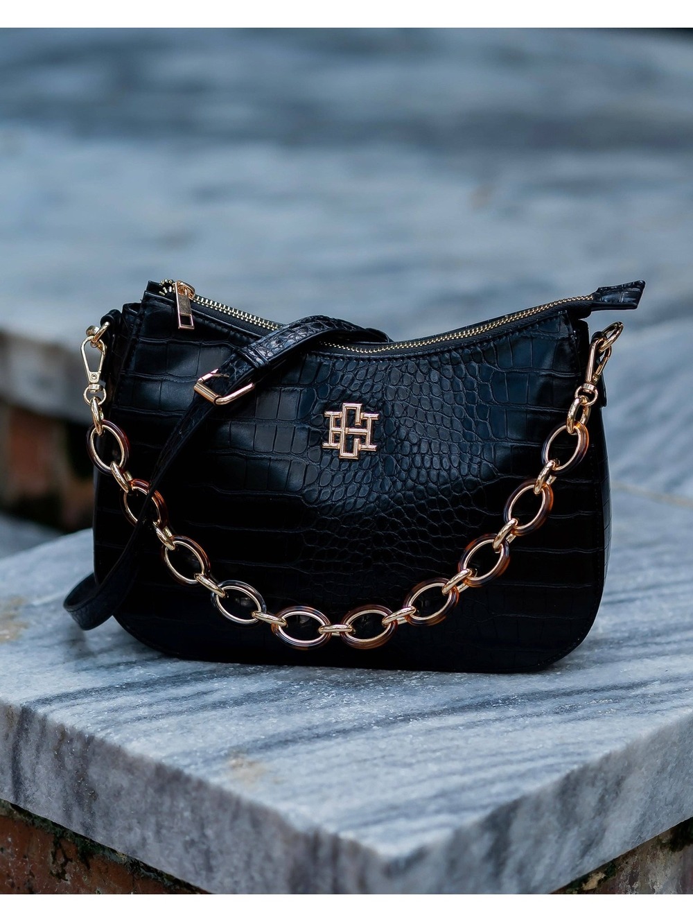 Caroline Hill Charlee Black Croc Embossed Crossbody Bag